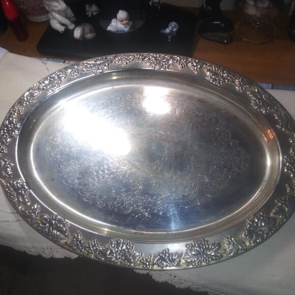 "rare"-vintage GODINGER SILVER ART Co LTD Grapevine Adorned Oval Platter/Crystal - Picture 2 of 16